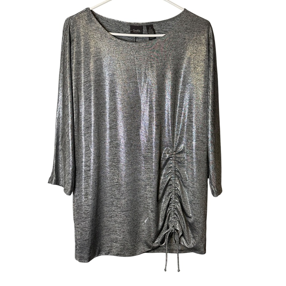 Chico's Travelers Silver Metallic Ruched Shimmer Party Blouse Disco Large NWT